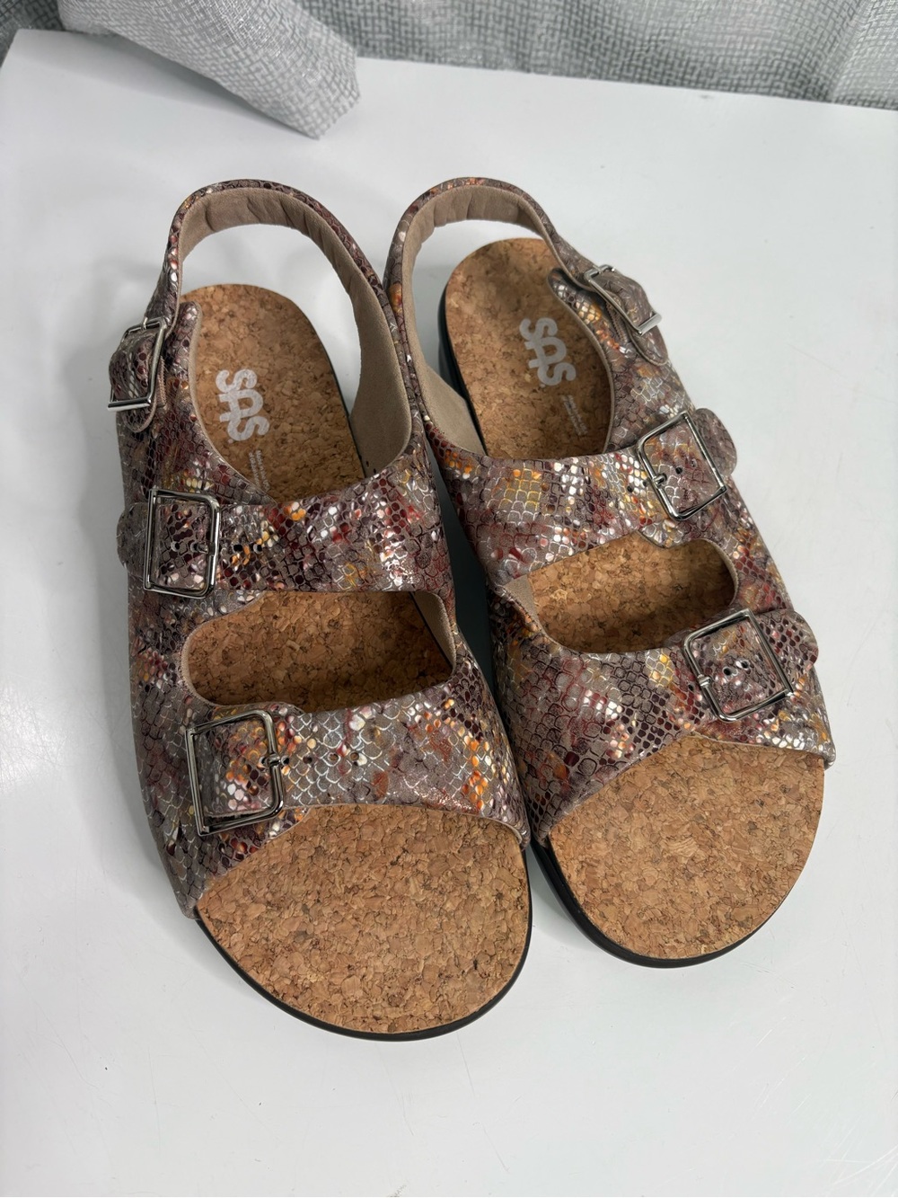 SAS Cork Footbed Sandals - Multicolor Snake Print, NWOB Size 10